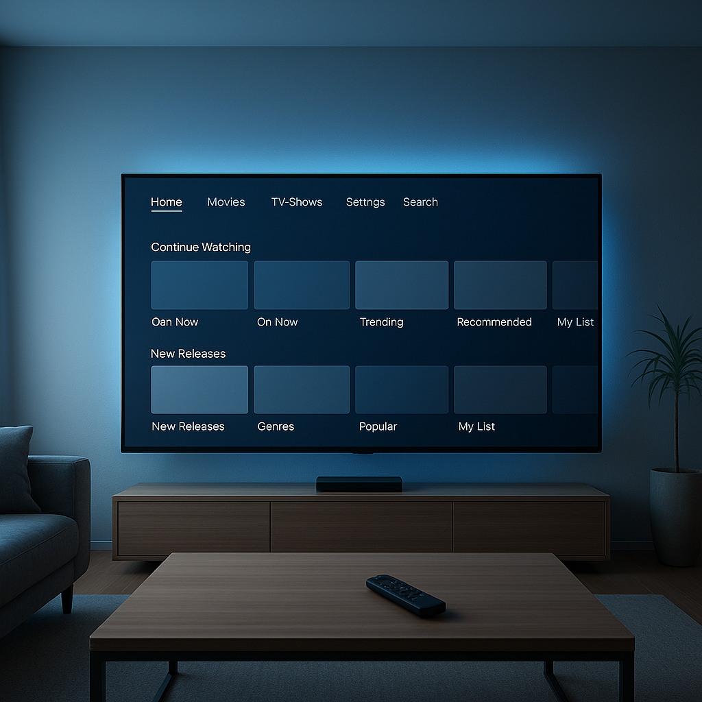 IPTV France dans un salon moderne avec éclairage d'ambiance bleu