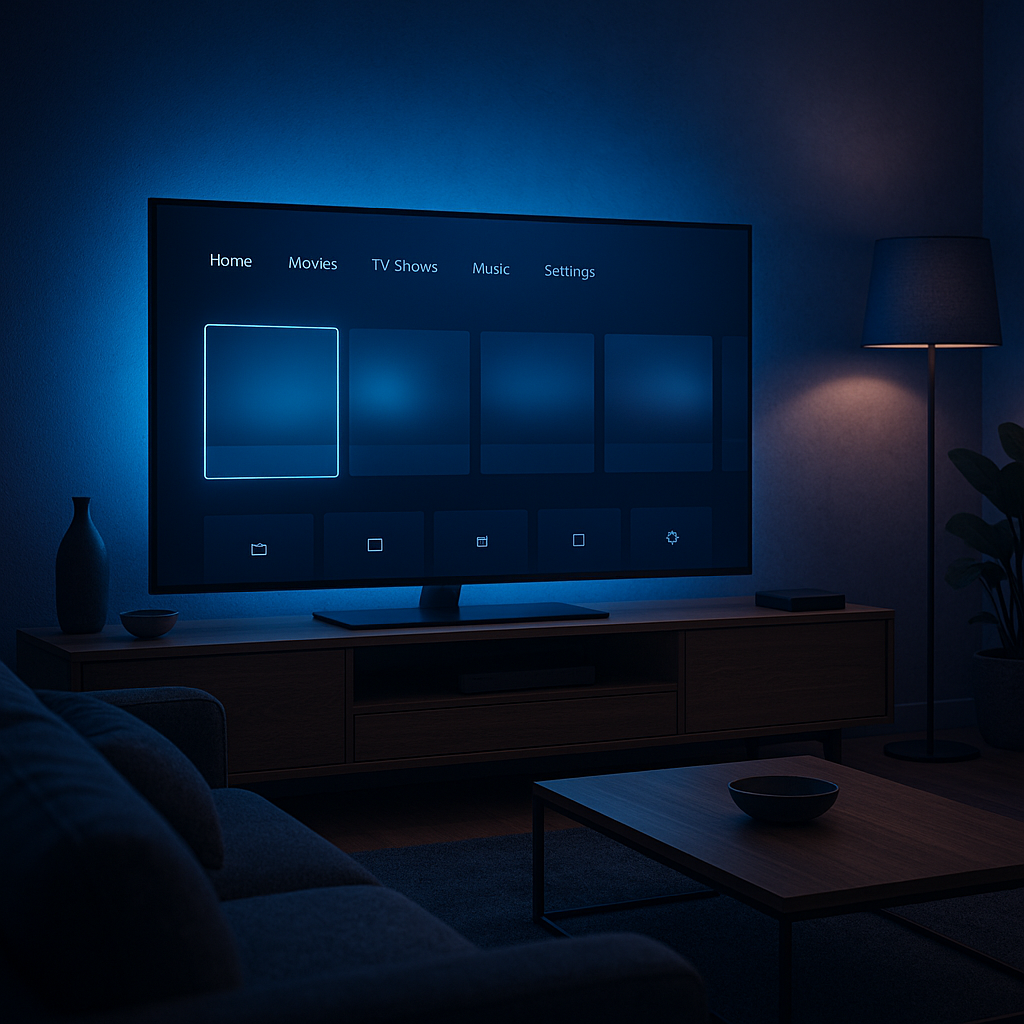 IPTV France - salon moderne avec Smart TV et interface streaming