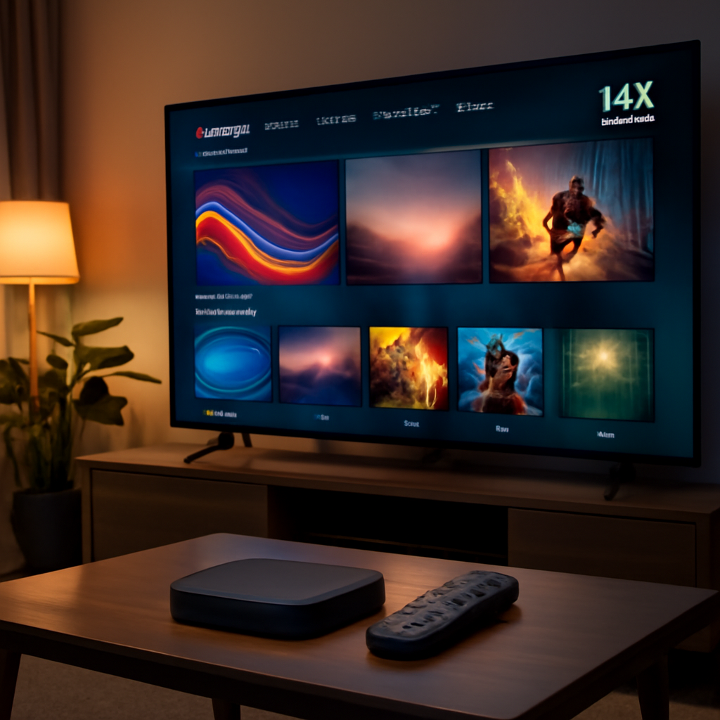 Salon moderne avec télé 4K UHD affichant un flux IPTV, appareil IPTV et télécommande sur la table basse