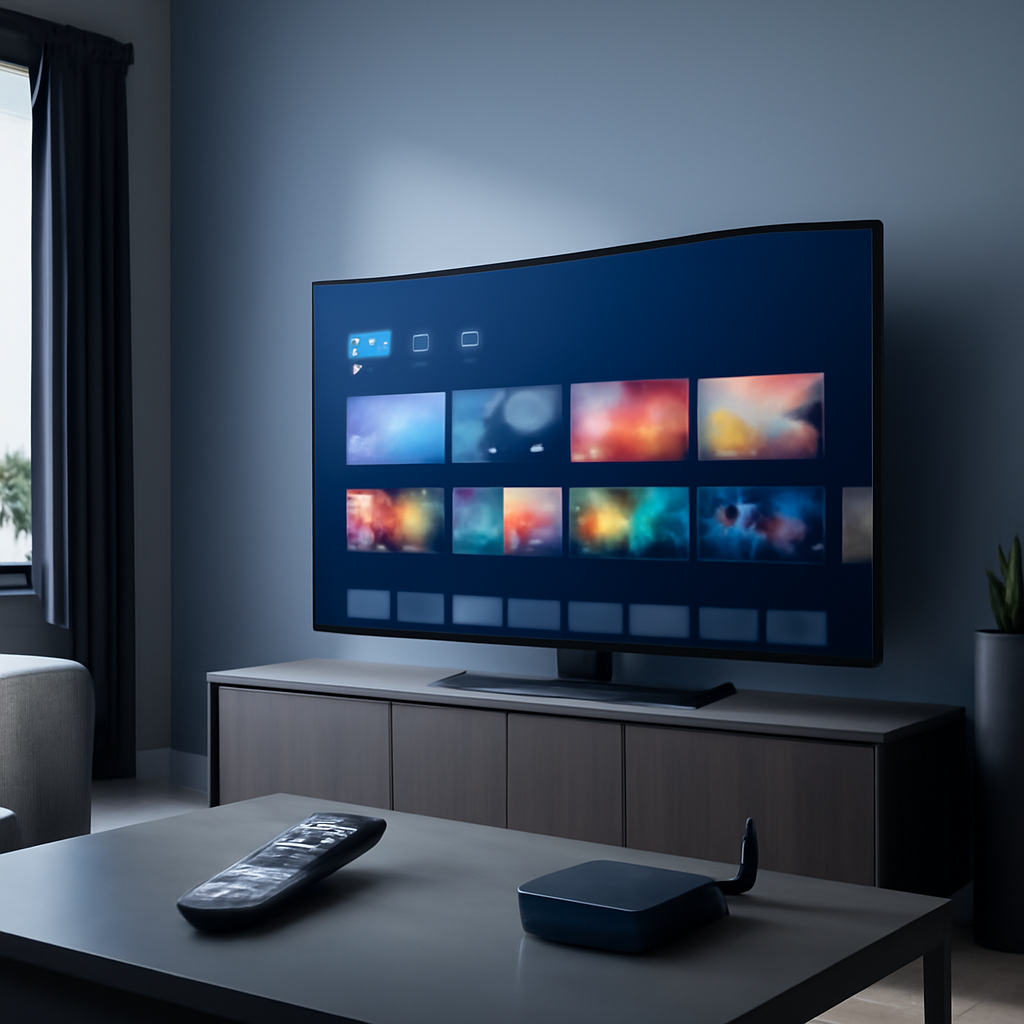 Salon moderne avec télévision connectée illustrant le service des agences IPTV