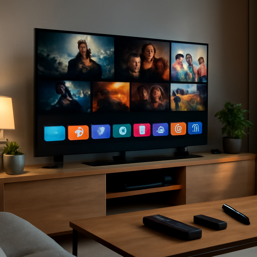 Salon moderne avec télévision affichant une interface de streaming IPTV, télécommande et appareil de streaming visibles