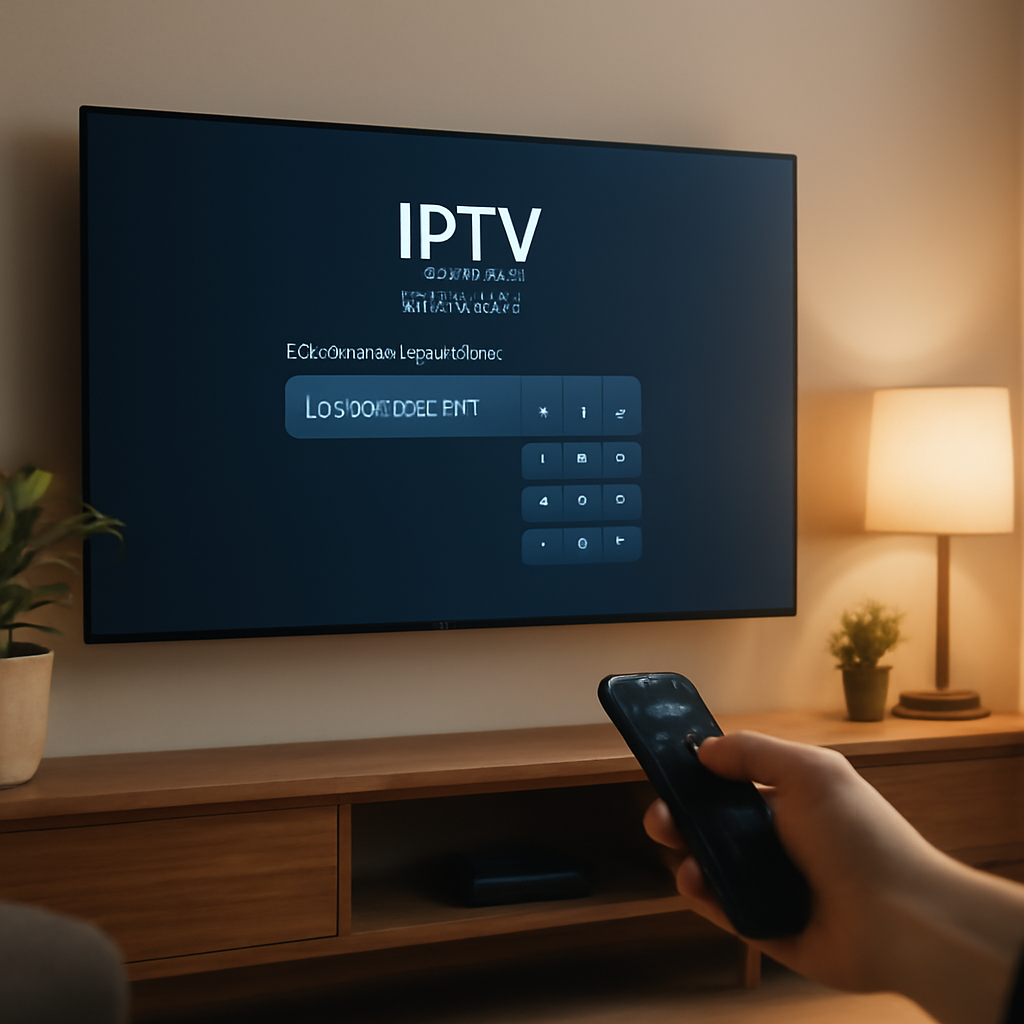 Utilisateur saisissant des codes for IPTV sur une télévision connectée dans un salon moderne