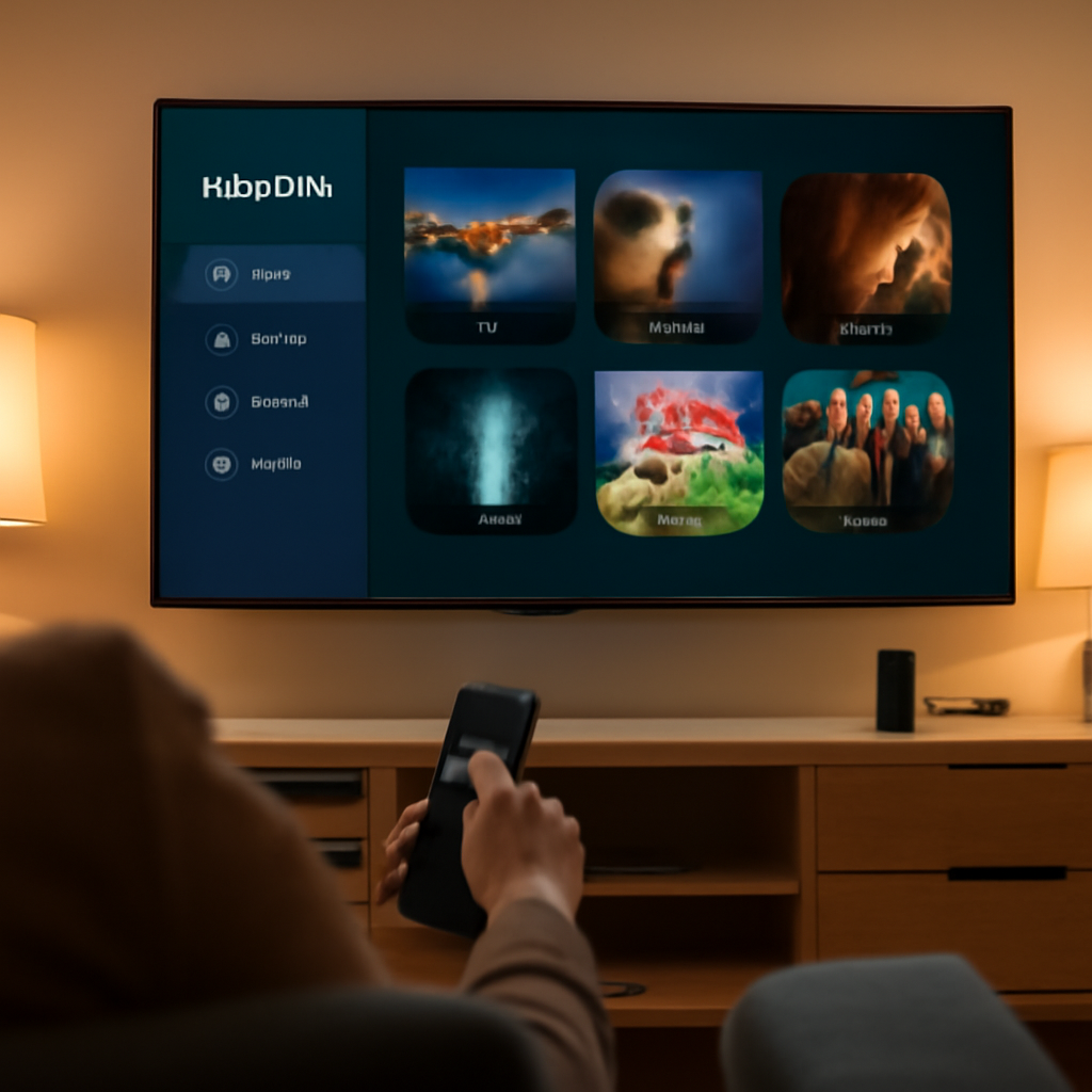 Personne regardant Flix IPTV sur une Smart TV dans un salon moderne