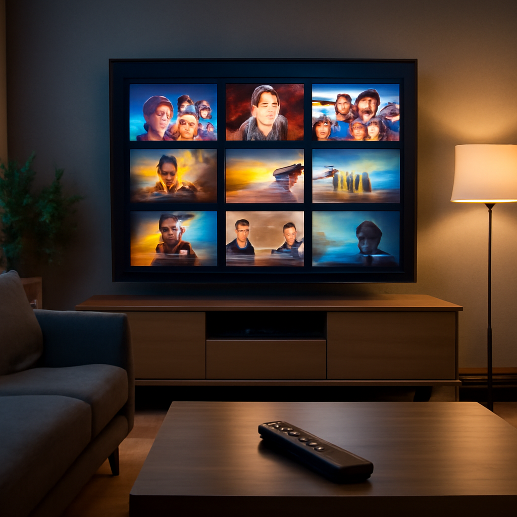 Télévision moderne dans un salon, affichant une interface de streaming IPTV avec télécommande sur la table