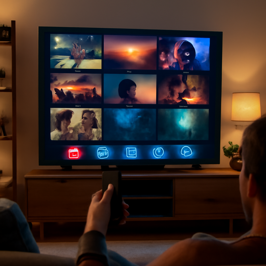Personne utilisant une télécommande IPTV devant un téléviseur avec interface Flix IPTV