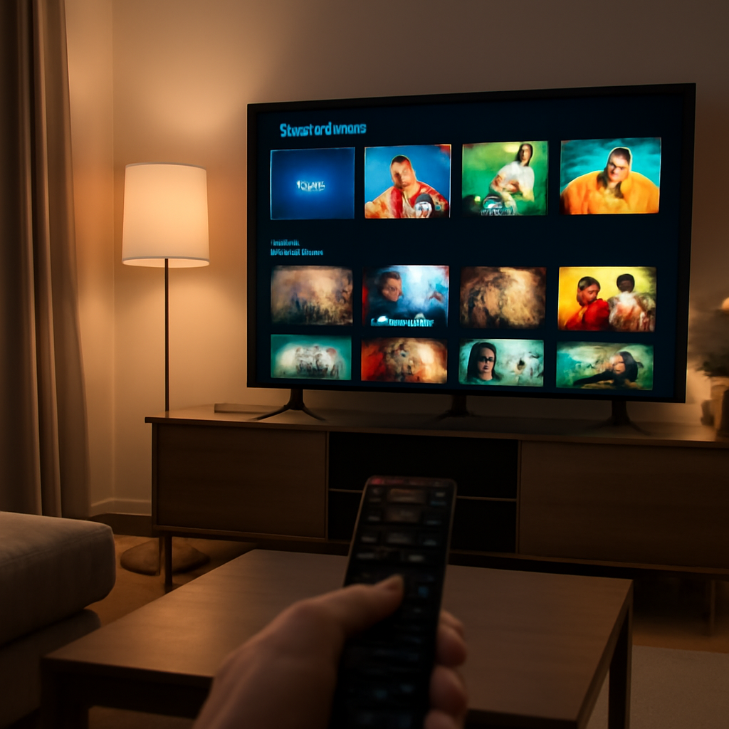 Salon moderne avec une télévision affichant une interface de streaming IPTV