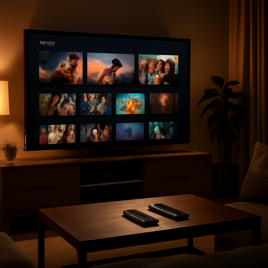 Salon moderne avec TV grand écran affichant une interface de streaming IPTV, télécommandes sur la table basse
