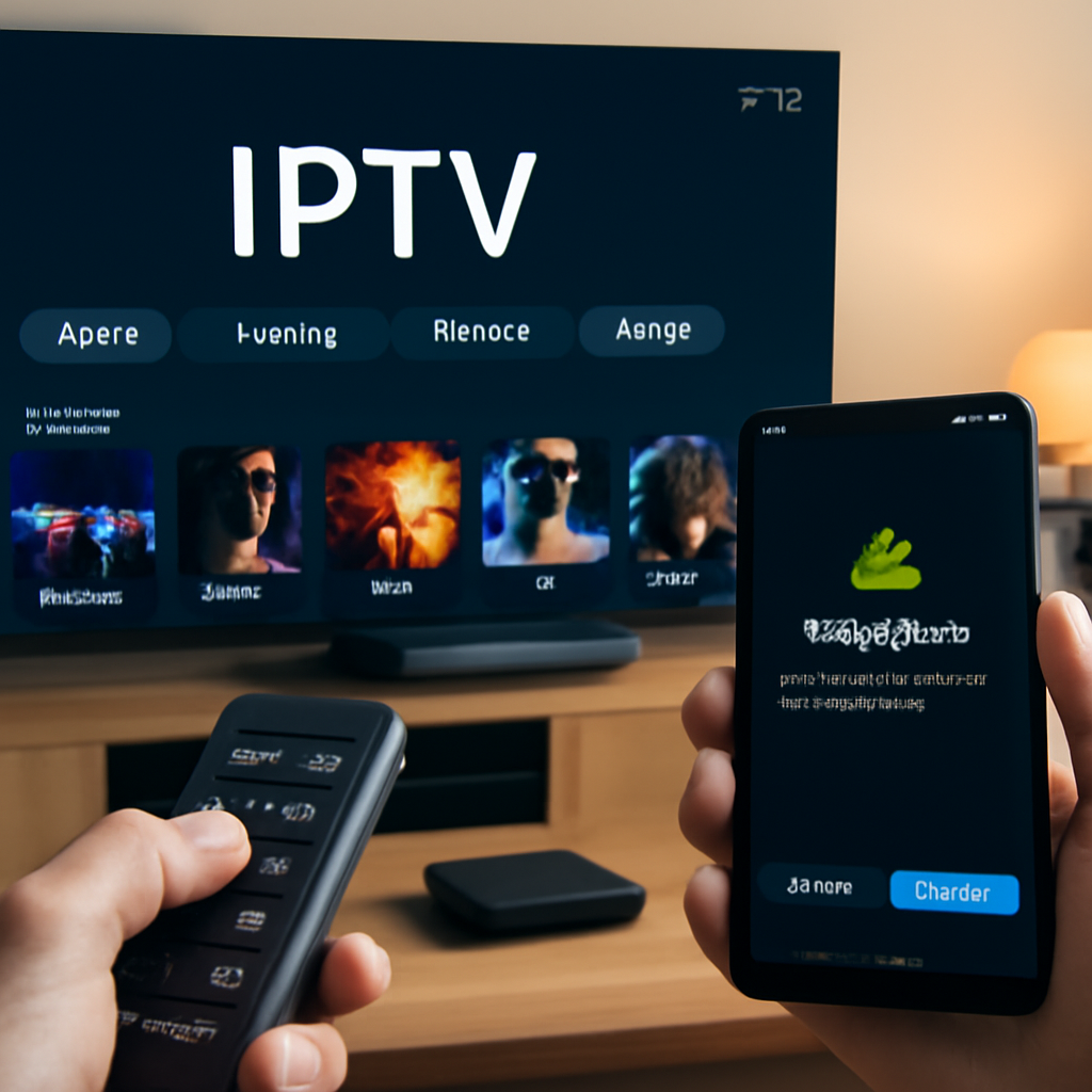 Personne utilisant une application IPTV APK sur un appareil Android avec TV connectée dans un salon moderne
