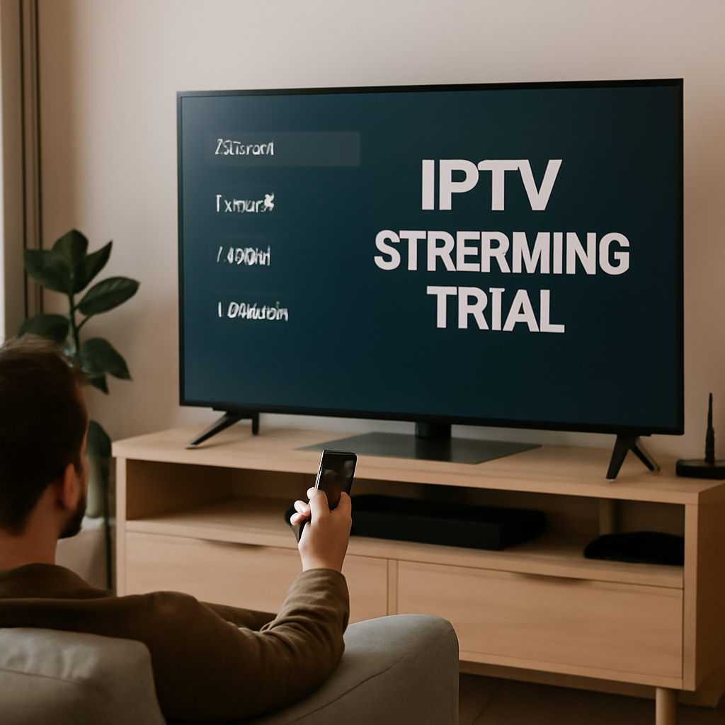 Personne testant un service IPTV essai sur une TV connectée dans un salon moderne