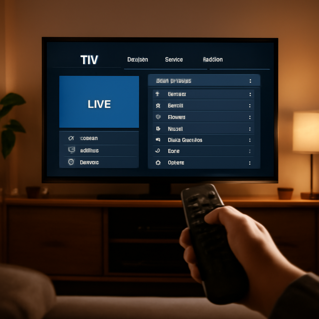 Person testing IPTV service on a smart TV in a living room during an IPTV trial phase