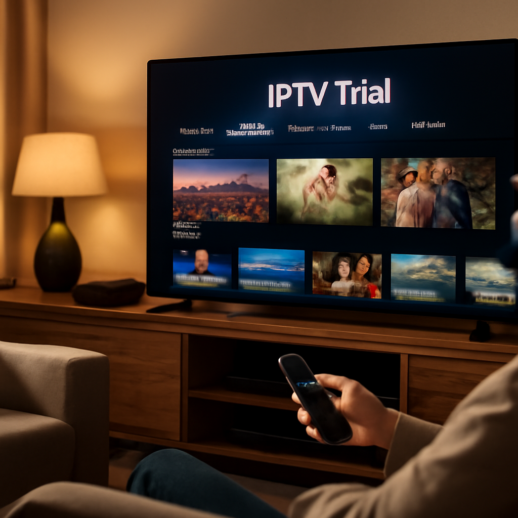 Person testing IPTV service with remote control on large TV screen during IPTV essai