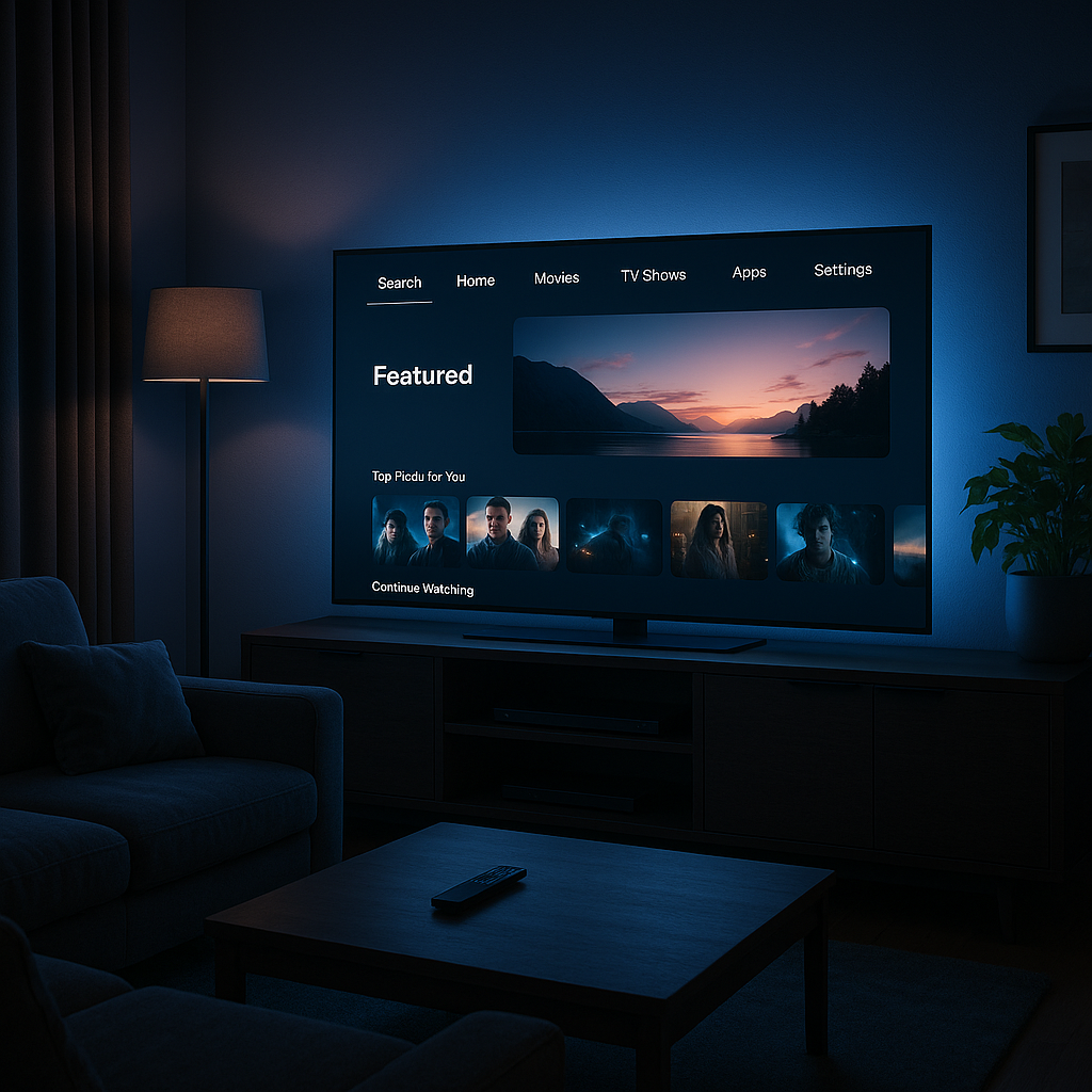 Interface IPTV France dans un salon moderne avec ambiance premium