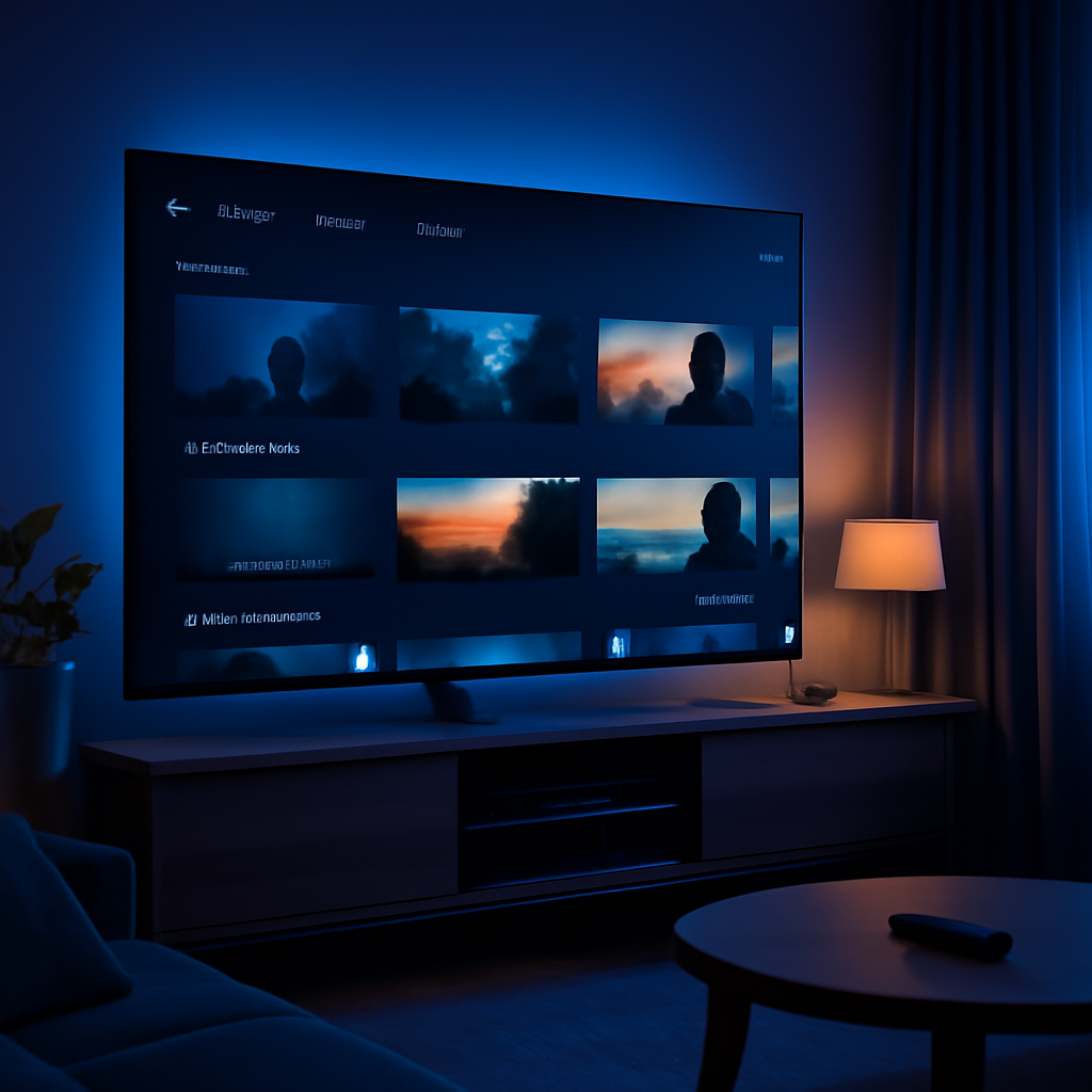 Interface IPTV France dans un salon moderne avec ambiance cinéma à domicile