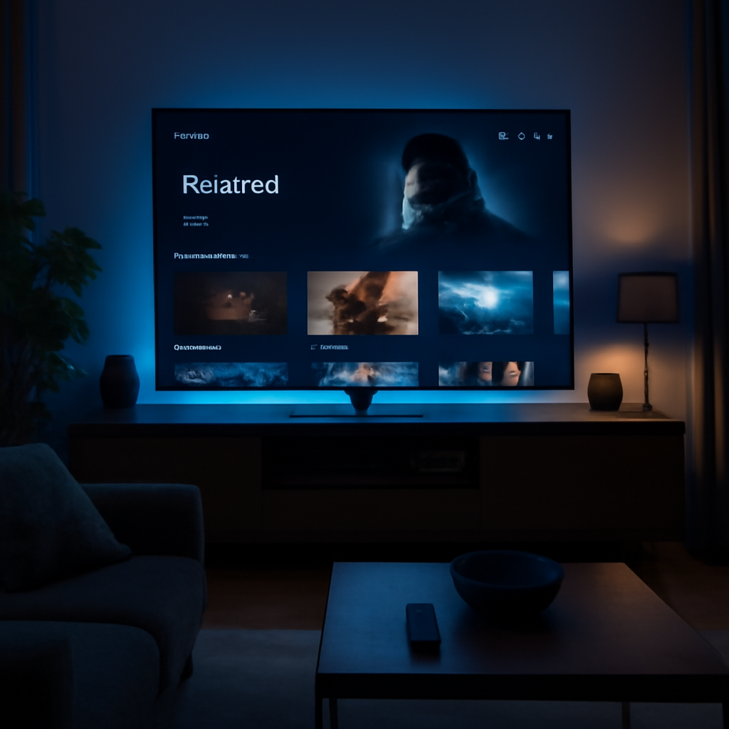 Interface IPTV France dans un salon moderne avec ambiance cinéma