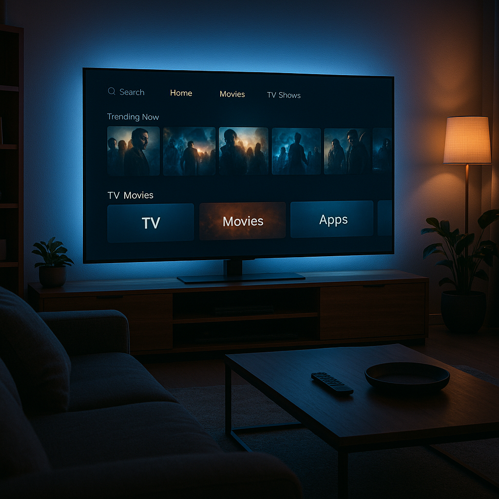 Interface IPTV France dans un salon moderne avec ambiance bleue