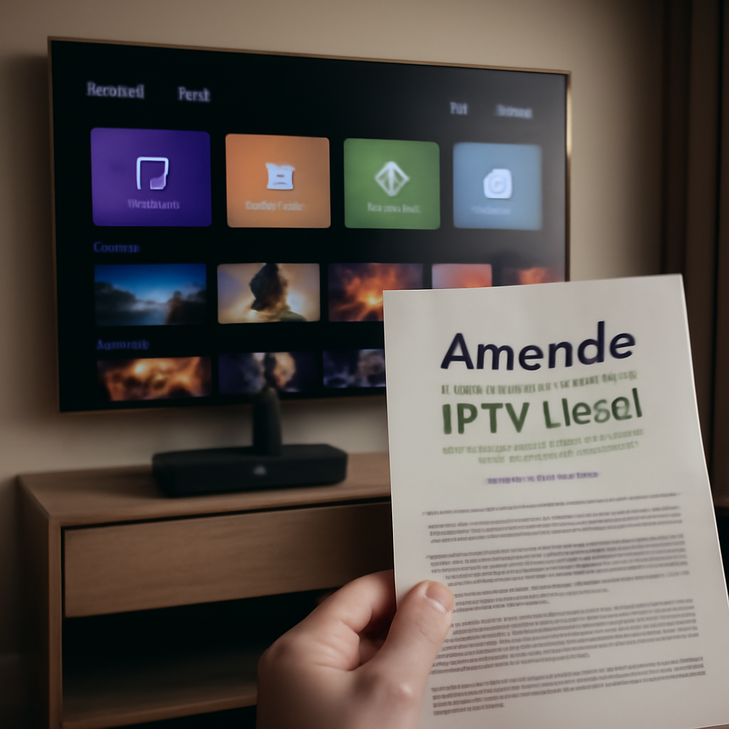 Téléviseur avec box IPTV et document légal français illustrant l’amende pour IPTV illégal