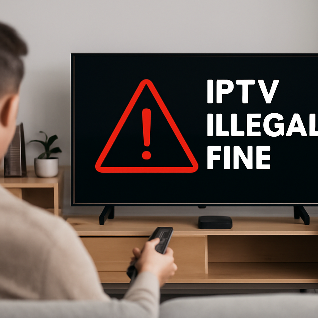 Personne avec télécommande regardant un téléviseur affichant un avertissement légal IPTV illégal amende
