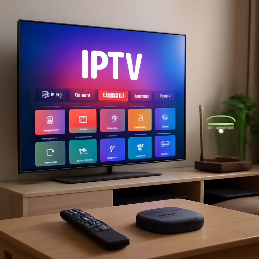 Installation IPTV internet protocol avec TV connectée, télécommande IPTV, clé Amazon IPTV et routeur internet dans un salon moderne