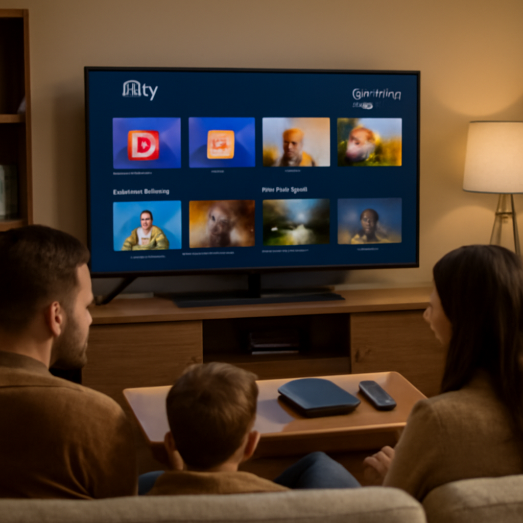Famille utilisant un service IPTV OTT sur une télévision connectée dans un salon moderne