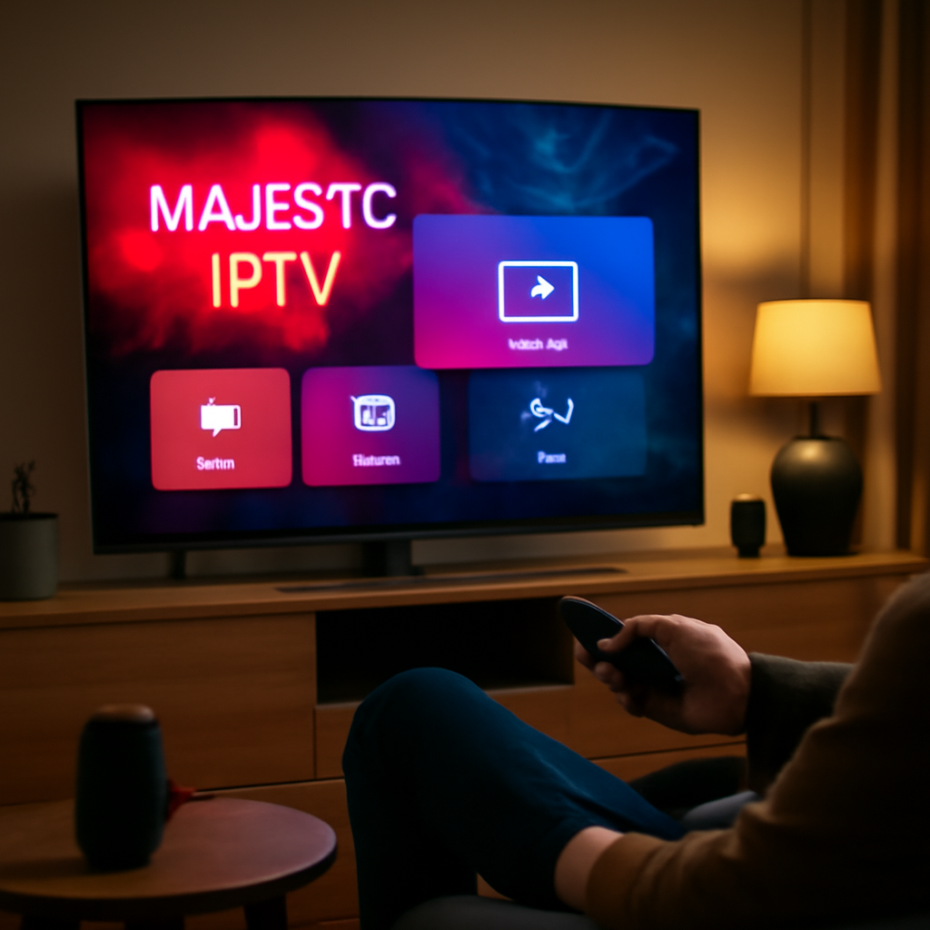Person using Majestic IPTV service on a streaming device connected to a modern smart TV in a cozy living room