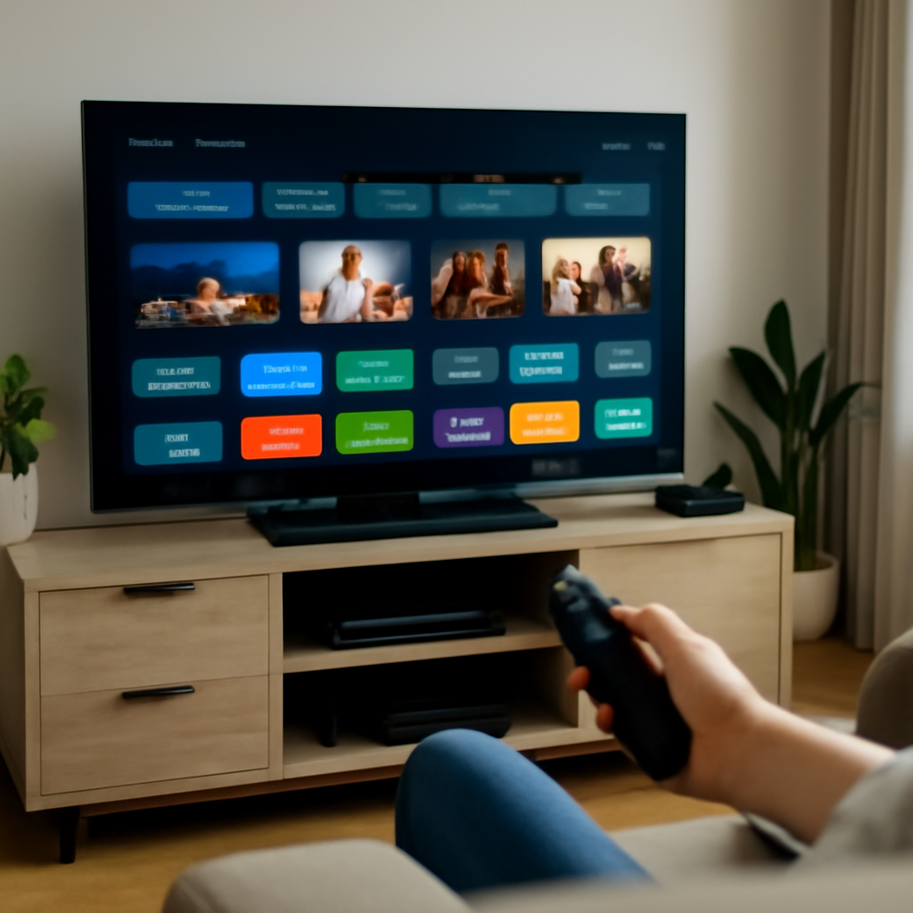 Utilisateur regardant un écran TV avec l’interface de Majestic IPTV dans un salon moderne