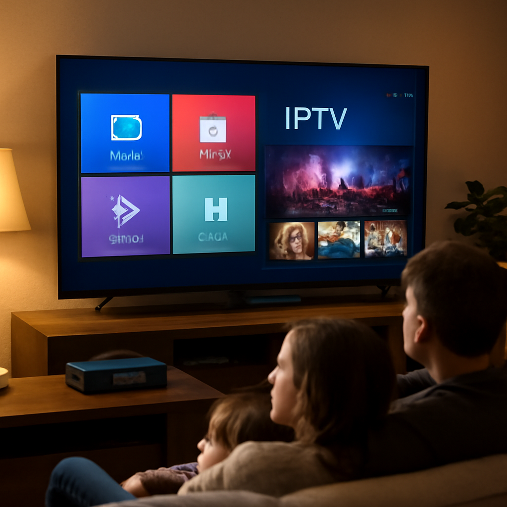 Salon moderne avec téléviseur affichant un service IPTV, set-top box et télécommande pour illustrer la meilleure IPTV