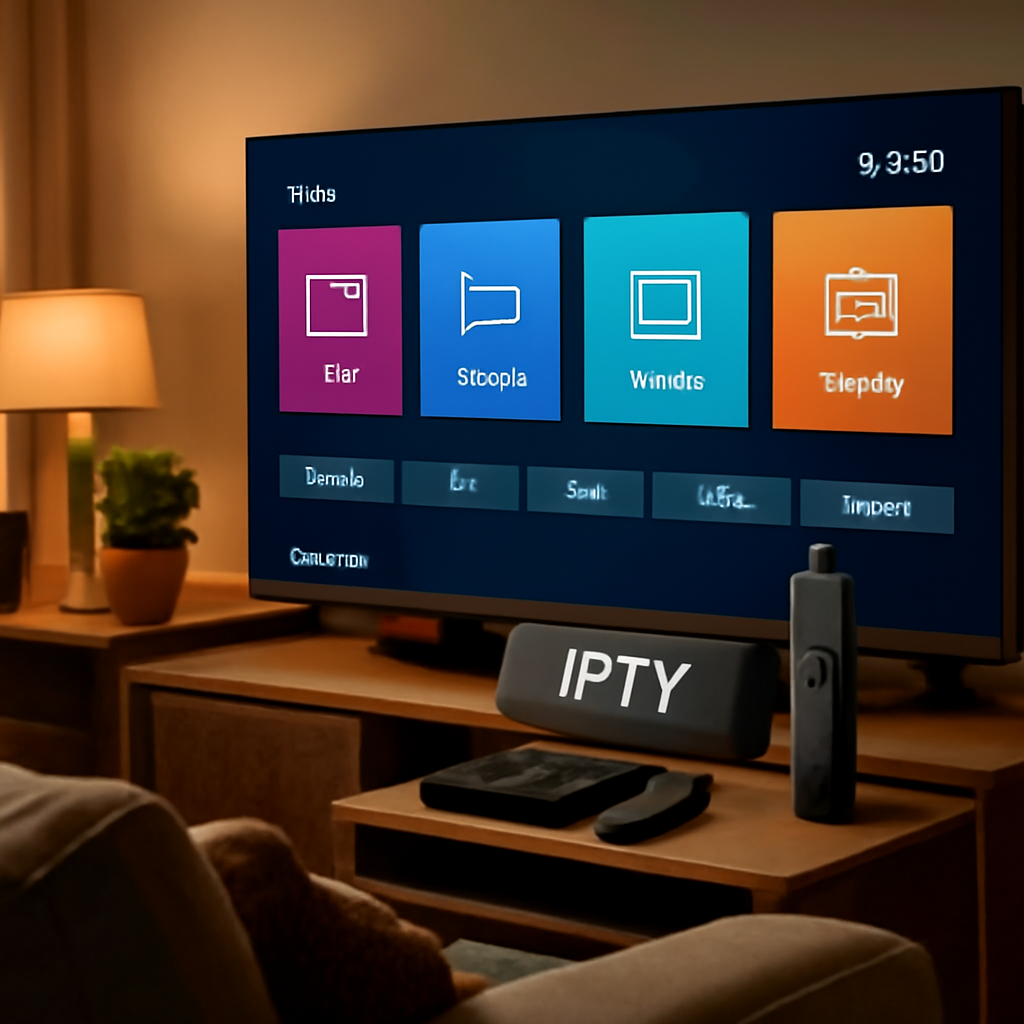 Salon moderne avec TV et appareil IPTV pour les meilleurs abonnements IPTV en 2024