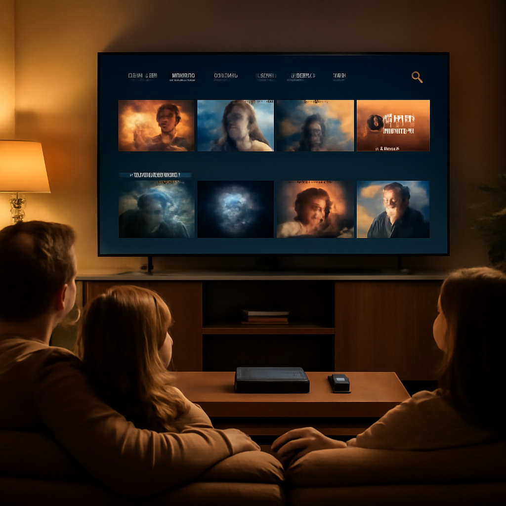 Salon moderne avec télévision et box IPTV démontrant le streaming OTT et IPTV