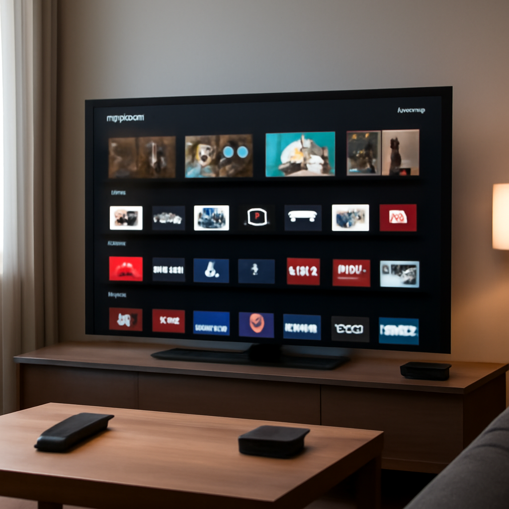 Smarter One IPTV interface displayed on a modern TV in a living room with streaming devices
