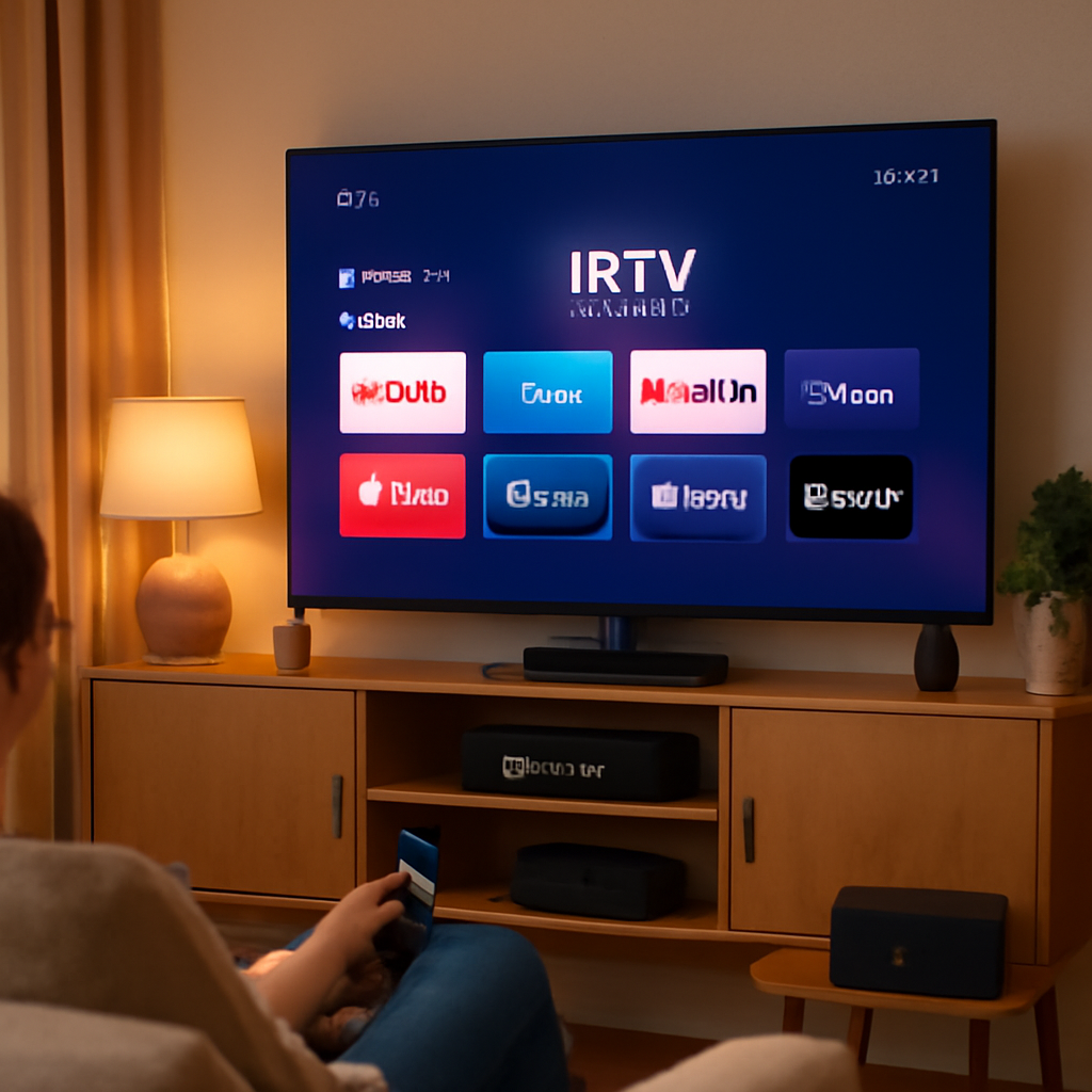 Personne utilisant Smarter One IPTV sur un téléviseur dans un salon moderne