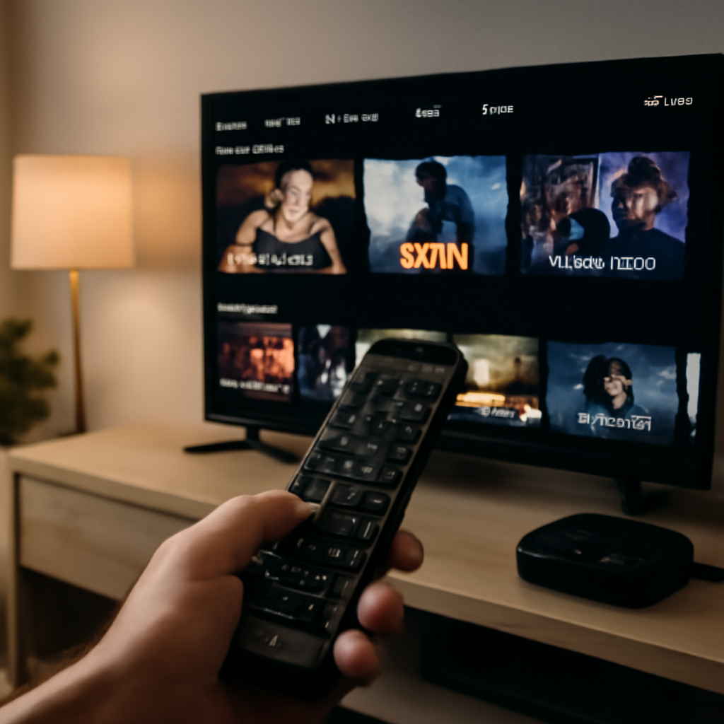 Person holding a modern telecommande IPTV in front of a smart TV in a cozy living room