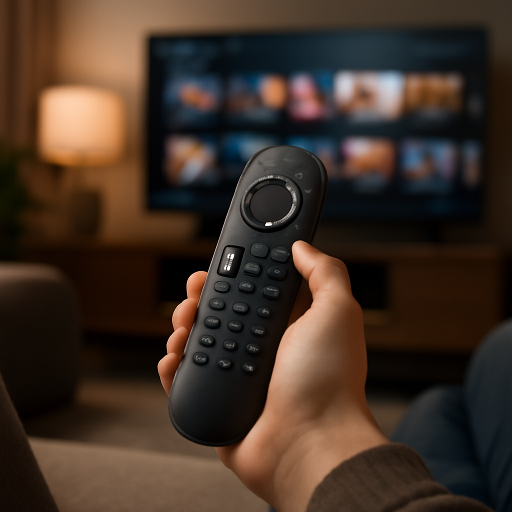Personne utilisant une telecommande IPTV moderne devant un téléviseur avec interface de streaming