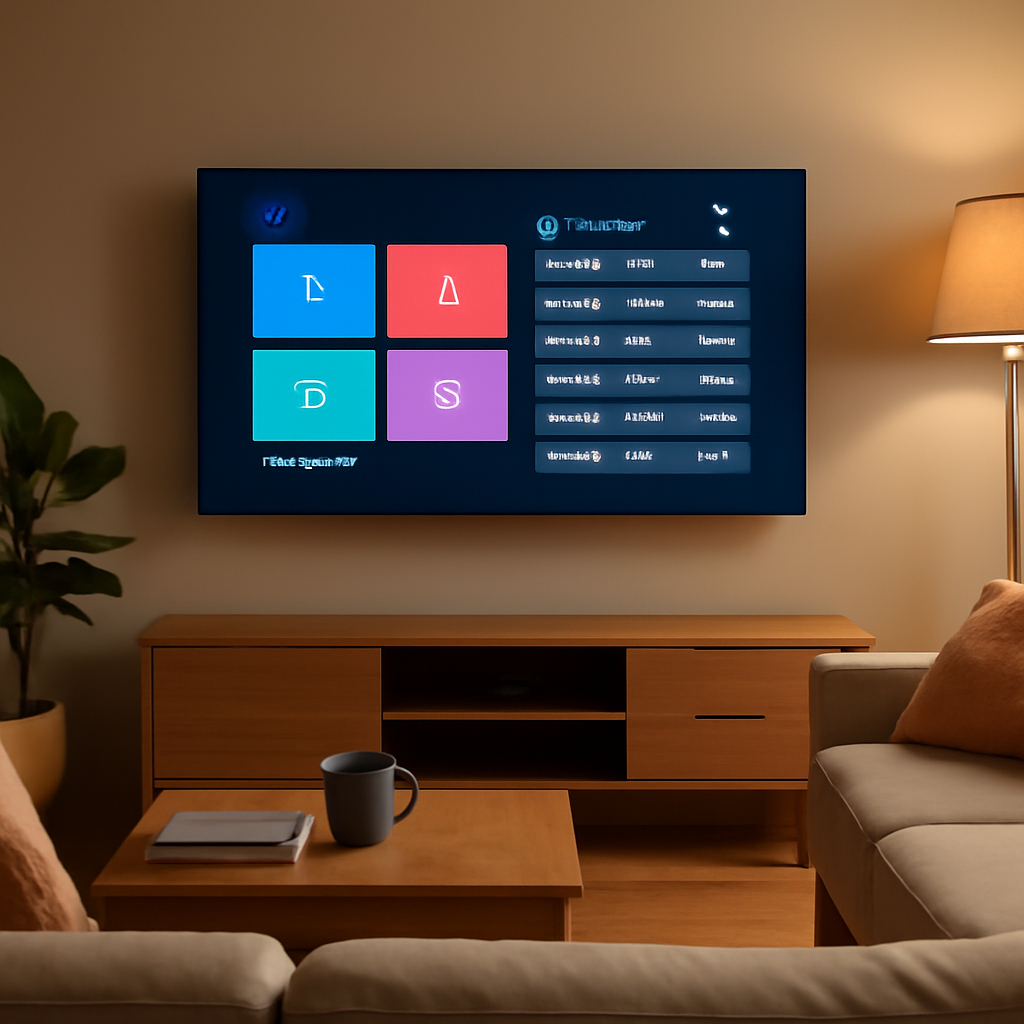Android TV affichant une application IPTV avec interface générique dans un salon moderne
