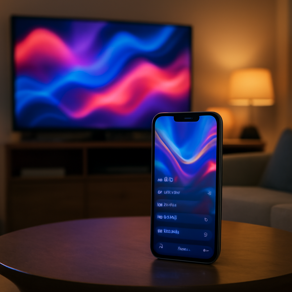 iPhone affichant une application IPTV avec une télévision en arrière-plan dans un salon moderne