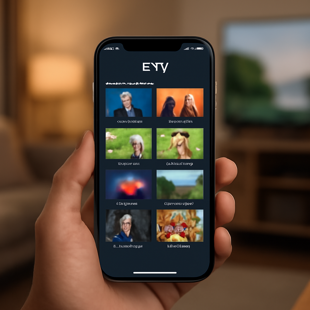iPhone displaying an IPTV application interface in a modern living room
