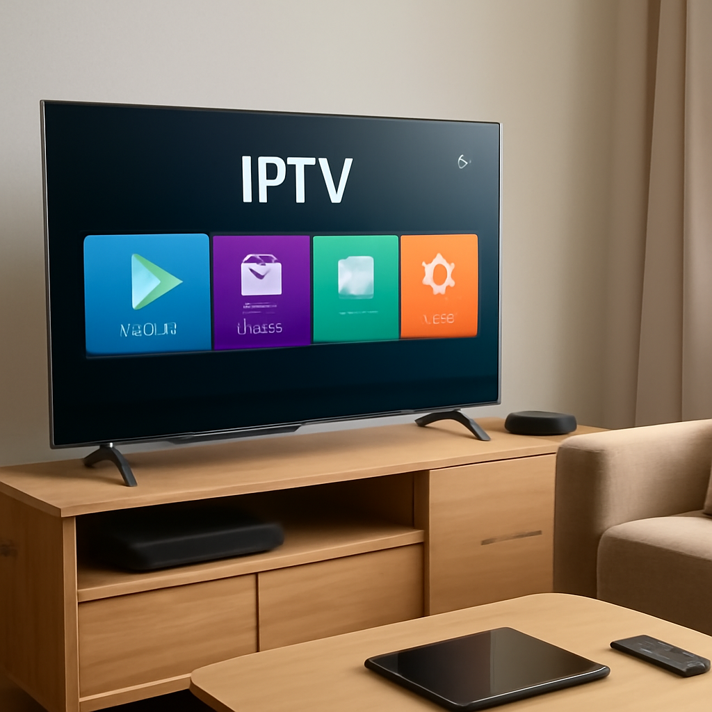 LG Smart TV displaying a generic IPTV application interface in a modern living room