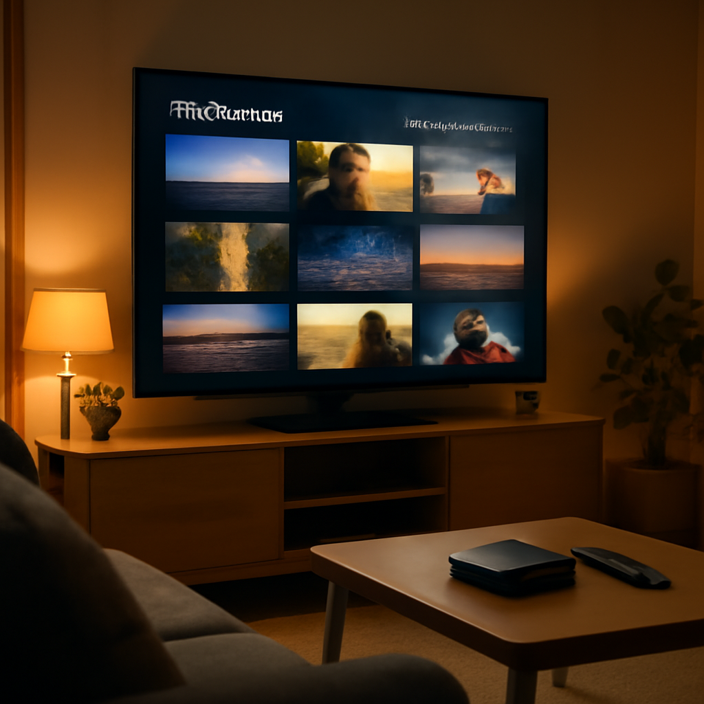 Salon présentant une TV connectée avec une interface IPTV générique, illustrant la France IPTV