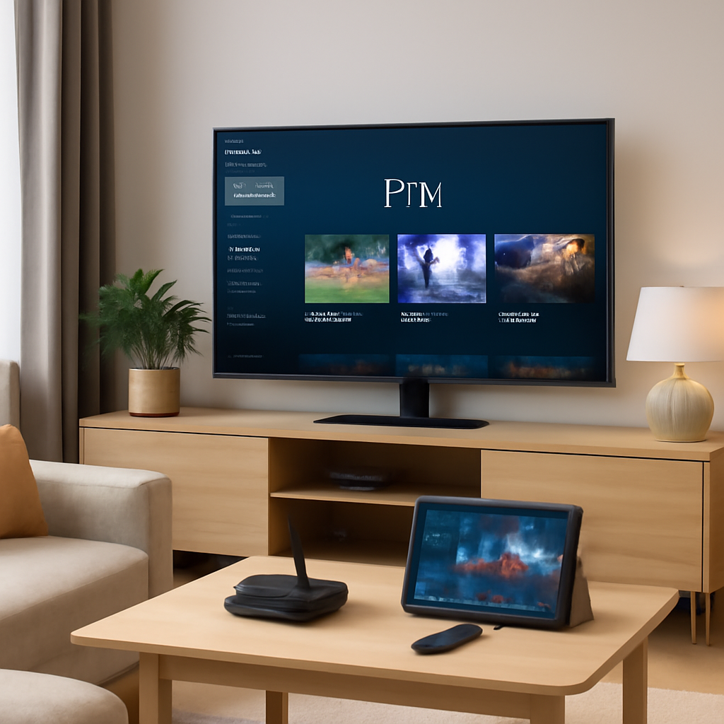Salon moderne avec Smart TV affichant interface IPTV en 2026