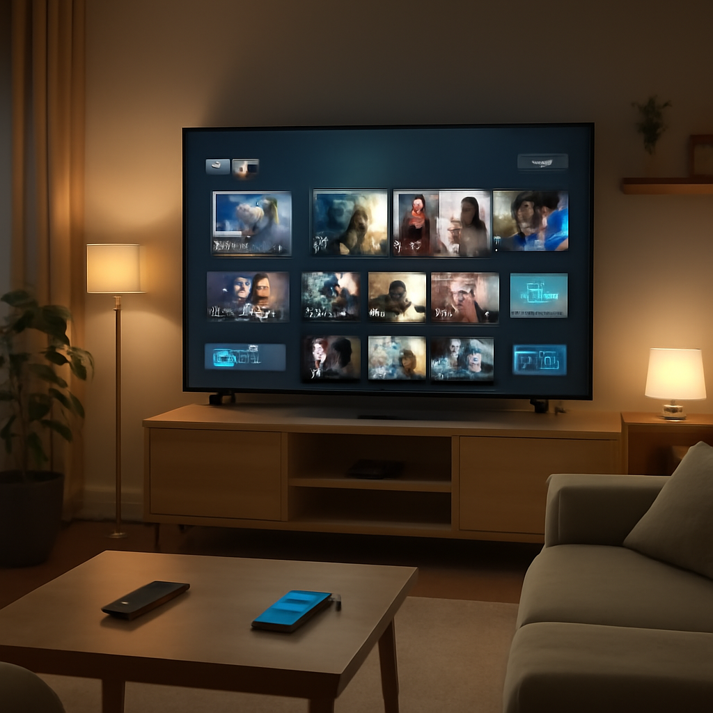 Salon moderne avec Smart TV affichant une interface IPTV, appareils connectés visibles, ambiance chaleureuse et high-tech