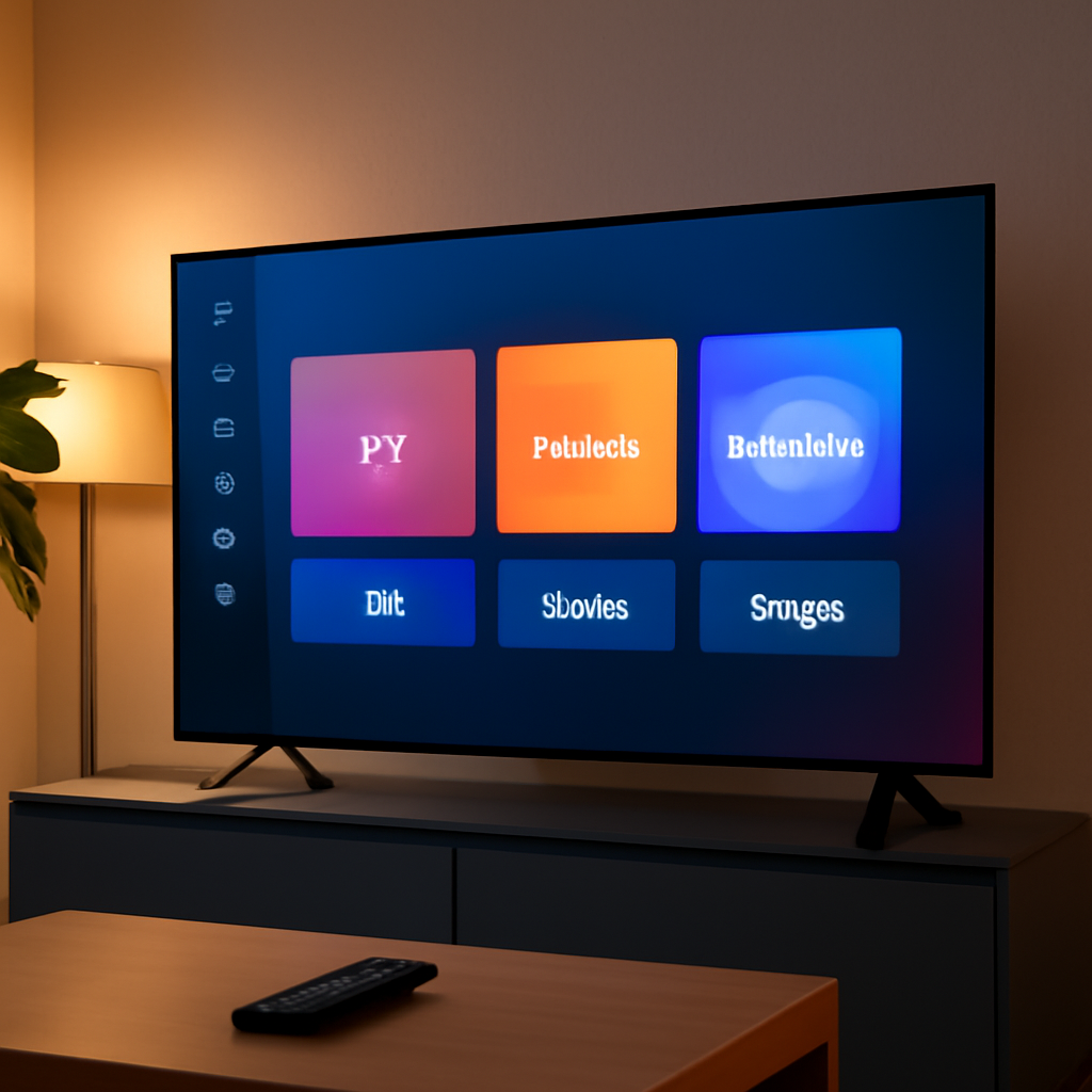 Smart TV affichant une application IPTV générique dans un salon moderne