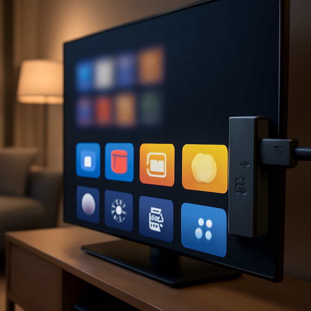Fire TV Stick connecté à une télévision dans un salon moderne pour l’installation IPTV