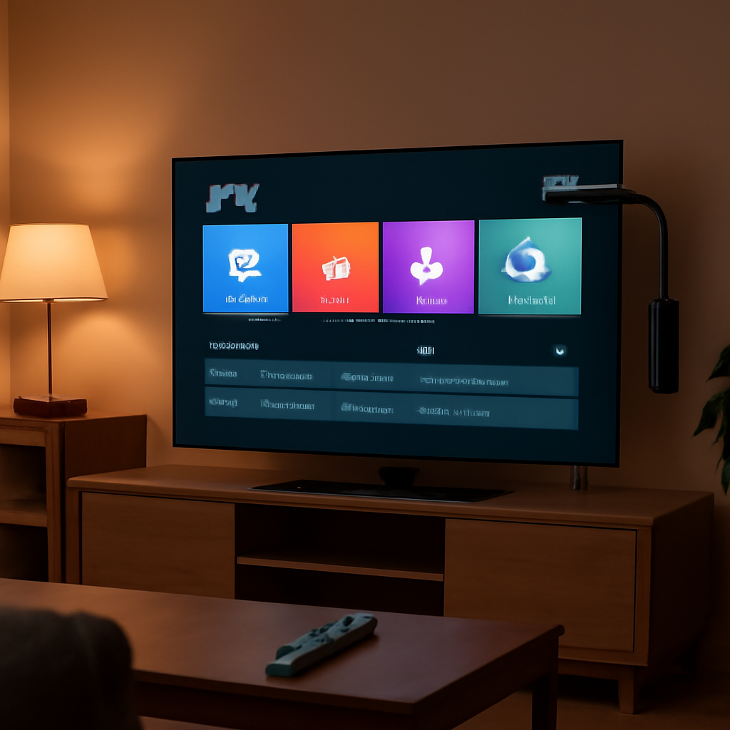Fire TV Stick dans un salon connecté, affichant une application IPTV générique