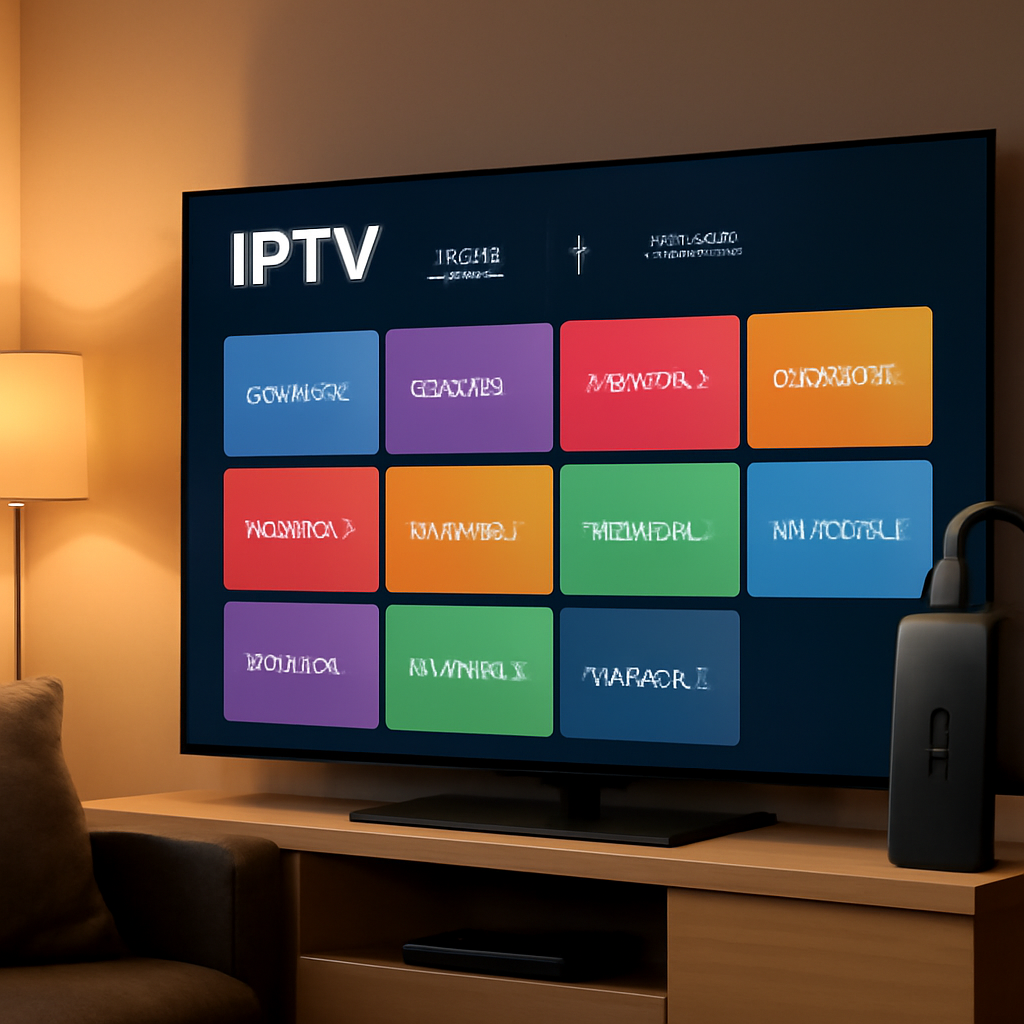Fire TV Stick installé devant une télévision avec une application IPTV affichée dans un salon moderne