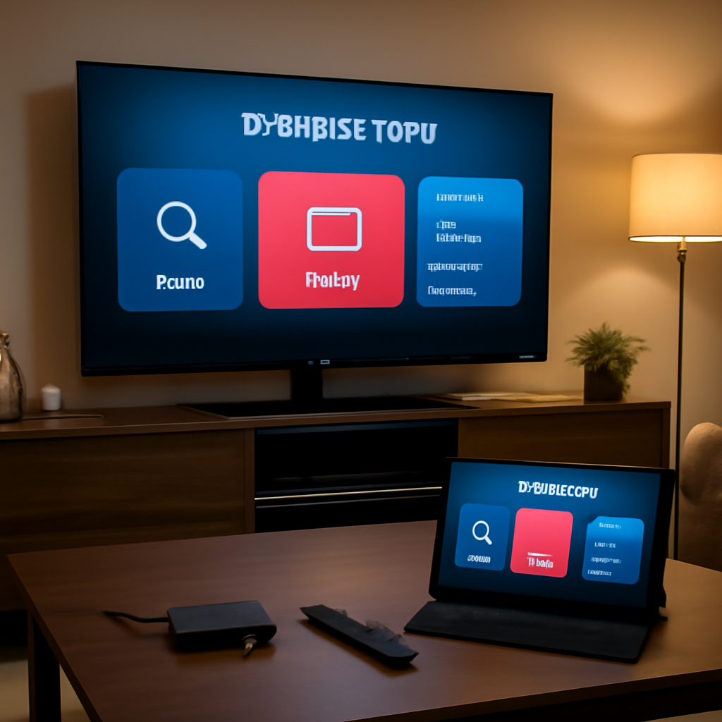 Salon moderne avec TV connectée affichant une application IPTV générique et appareils compatibles