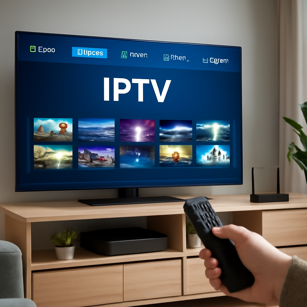 Personne utilisant une télécommande pour naviguer sur une interface IPTV sur une smart TV dans un salon moderne