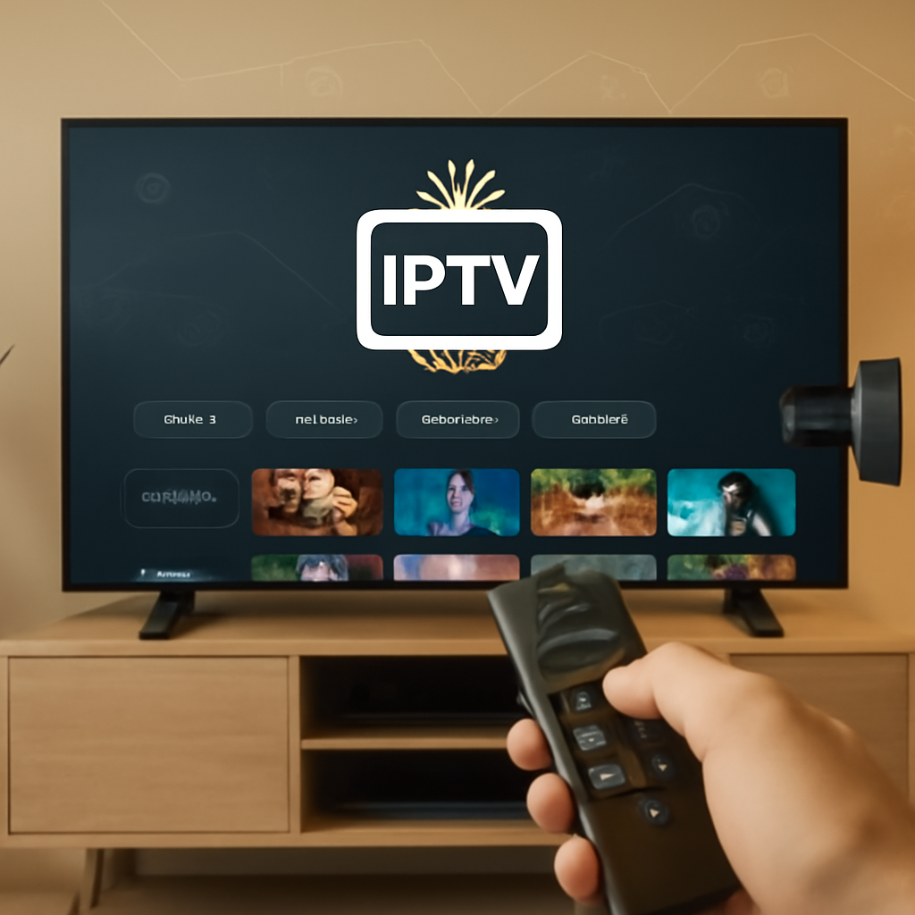 Salon moderne avec télévision connectée montrant un service IPTV internet protocol et une télécommande IPTV en main