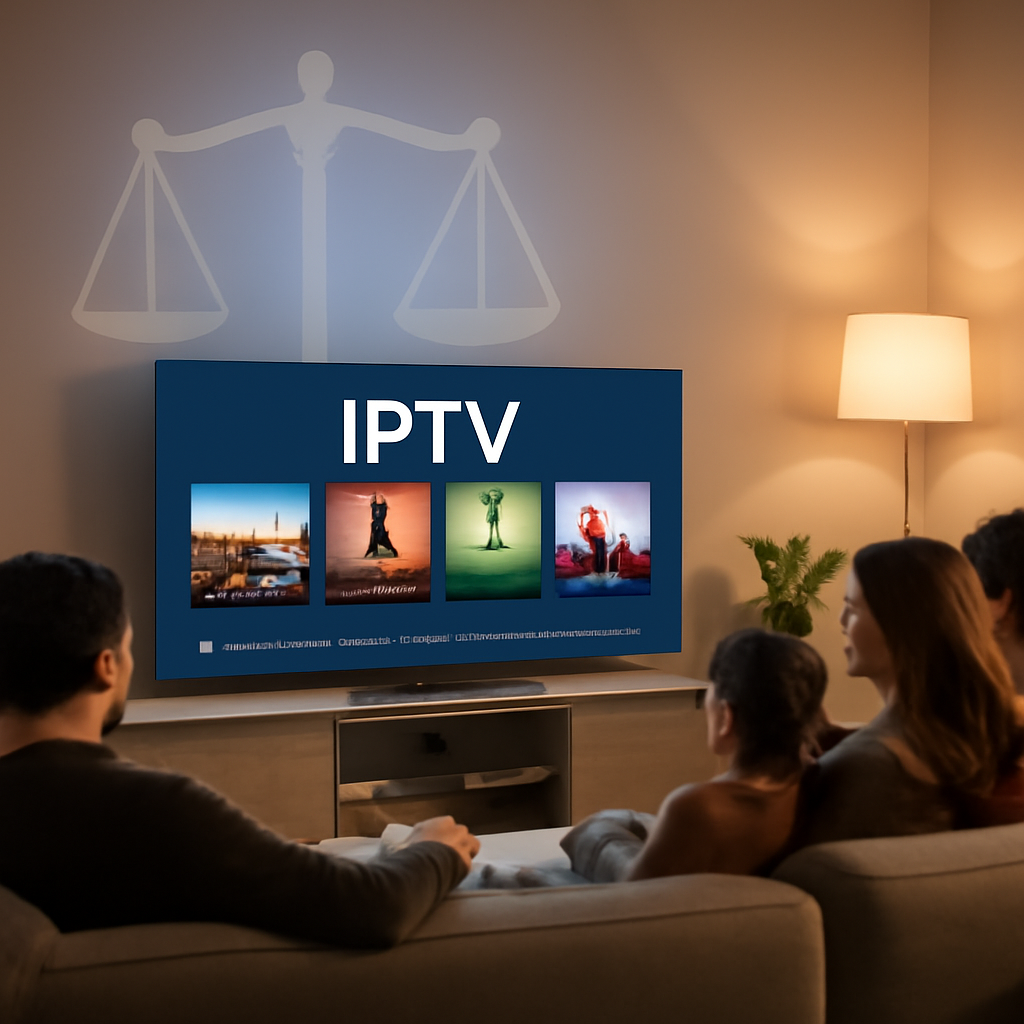 Salon moderne avec TV diffusant IPTV et symbole de justice en arrière-plan, illustrant la loi IPTV