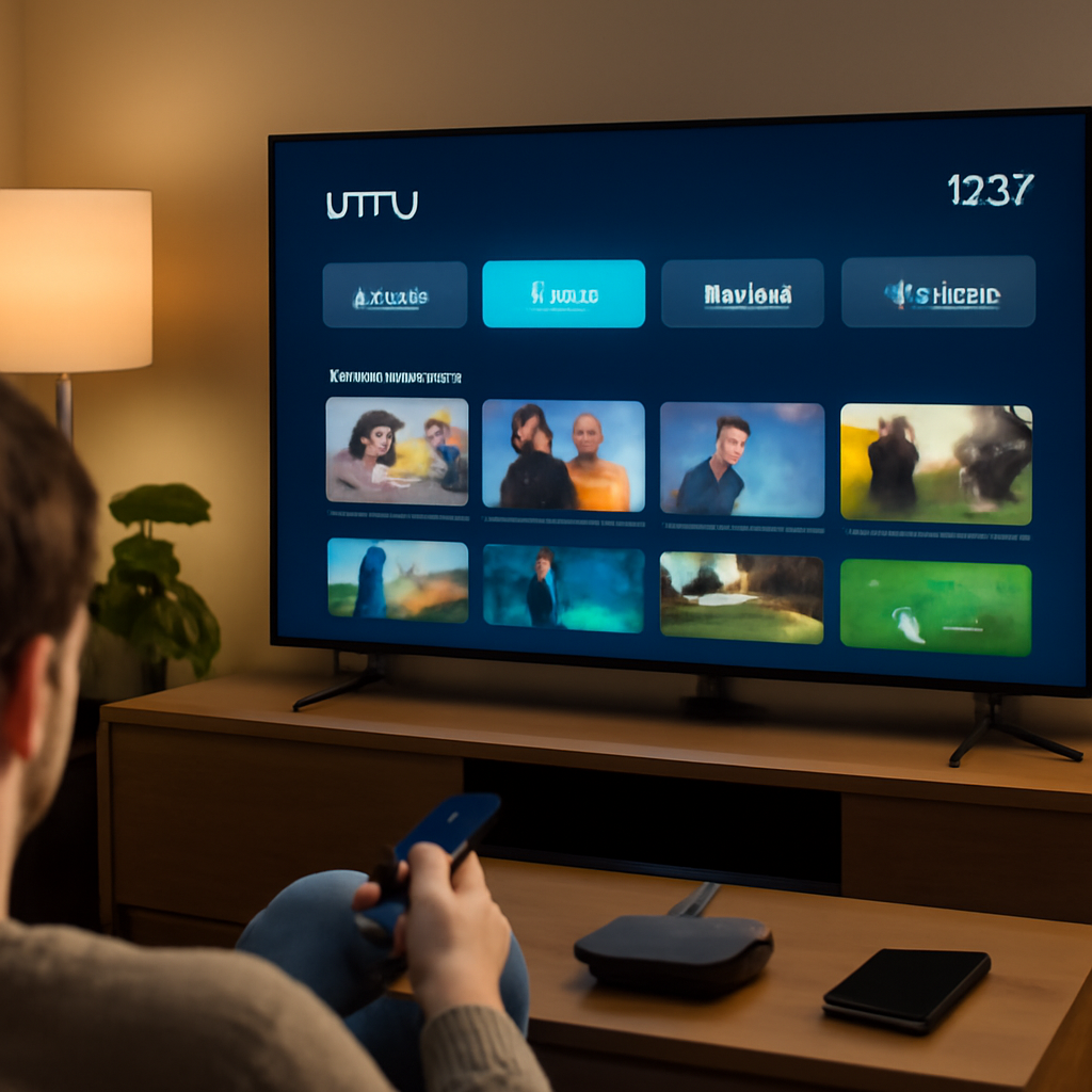 Personne utilisant une Smart TV avec une interface IPTV fluide sans coupure, dans un salon moderne