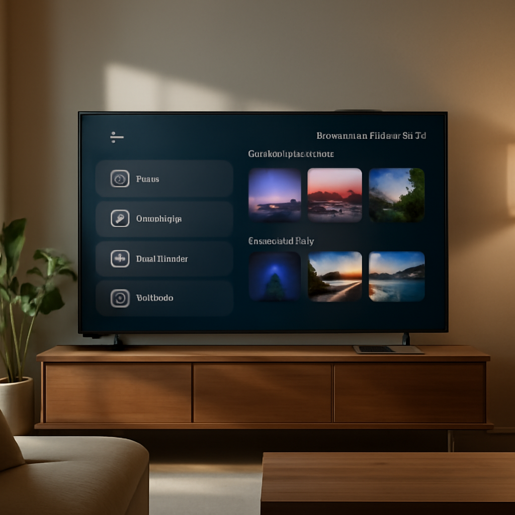 Salon moderne avec Smart TV affichant une IPTV sans coupure grâce à une configuration optimisée