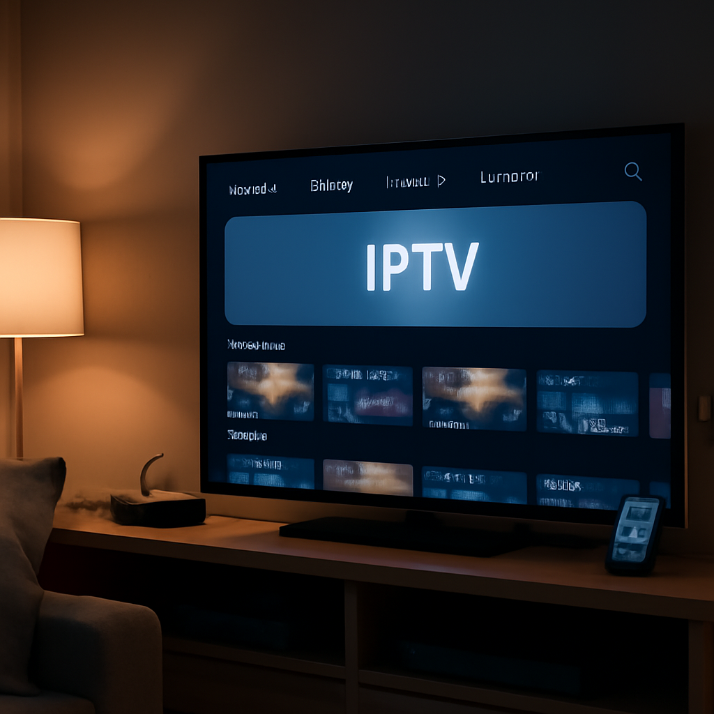 Salon moderne avec TV affichant une interface IPTV générique et appareils connectés